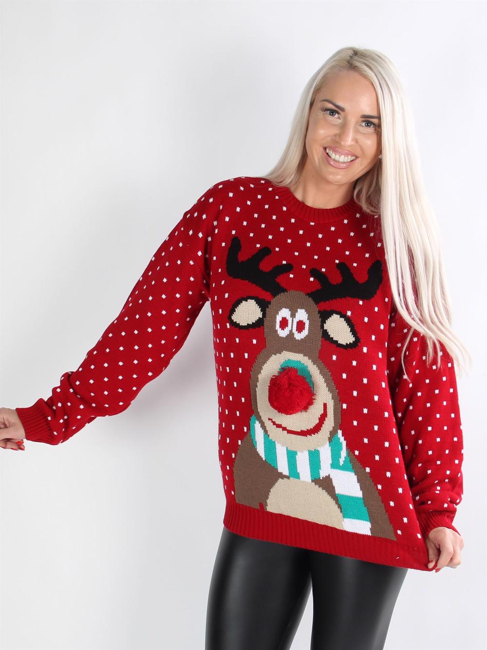 Santa - Rød julestrik med prikker og rensdyr